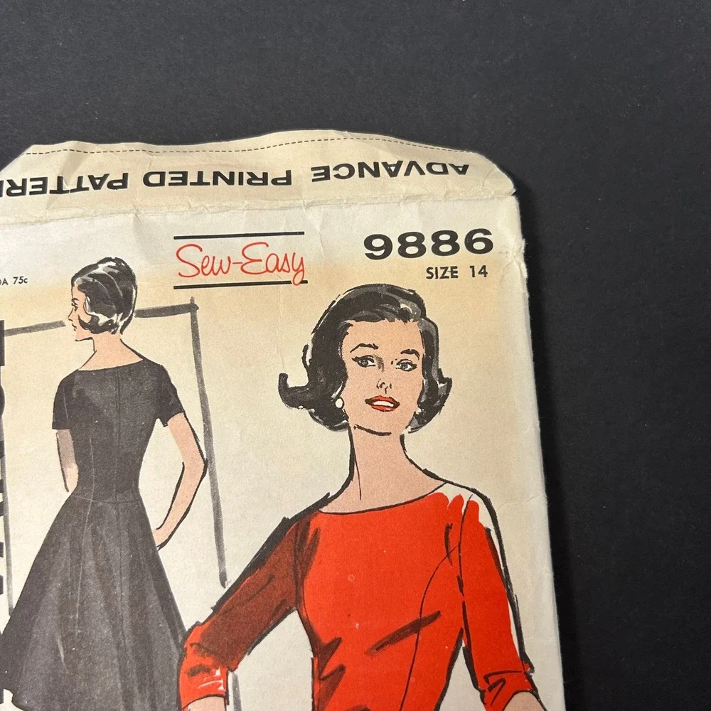 Vintage 60's Advance 9886 Sewing Pattern Misses Size 14 Fit and Flare Dress